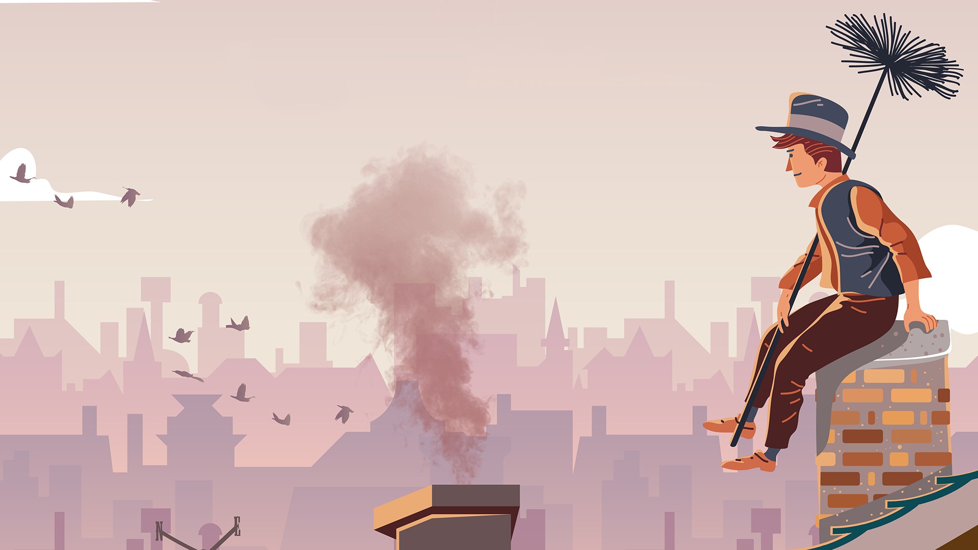 Ilustrace kominíka sedícího na komíně nad městem
